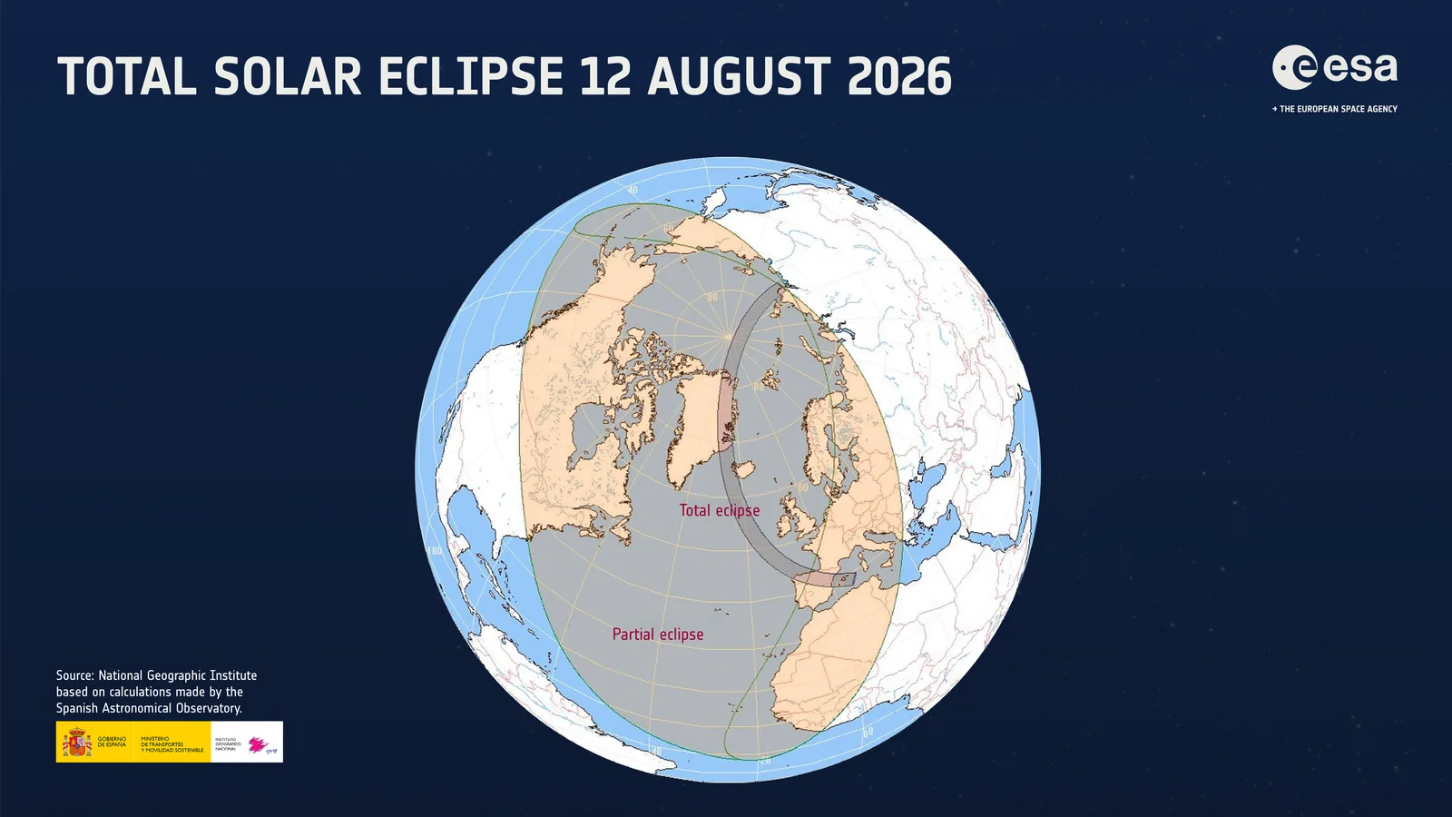 ESA map of the August 12, 2026 eclipse: the zone of total eclipse arcs from the Arctic over Iceland down to Spain, while most of Europe, North Africa and eastern North America sees a partial eclipse