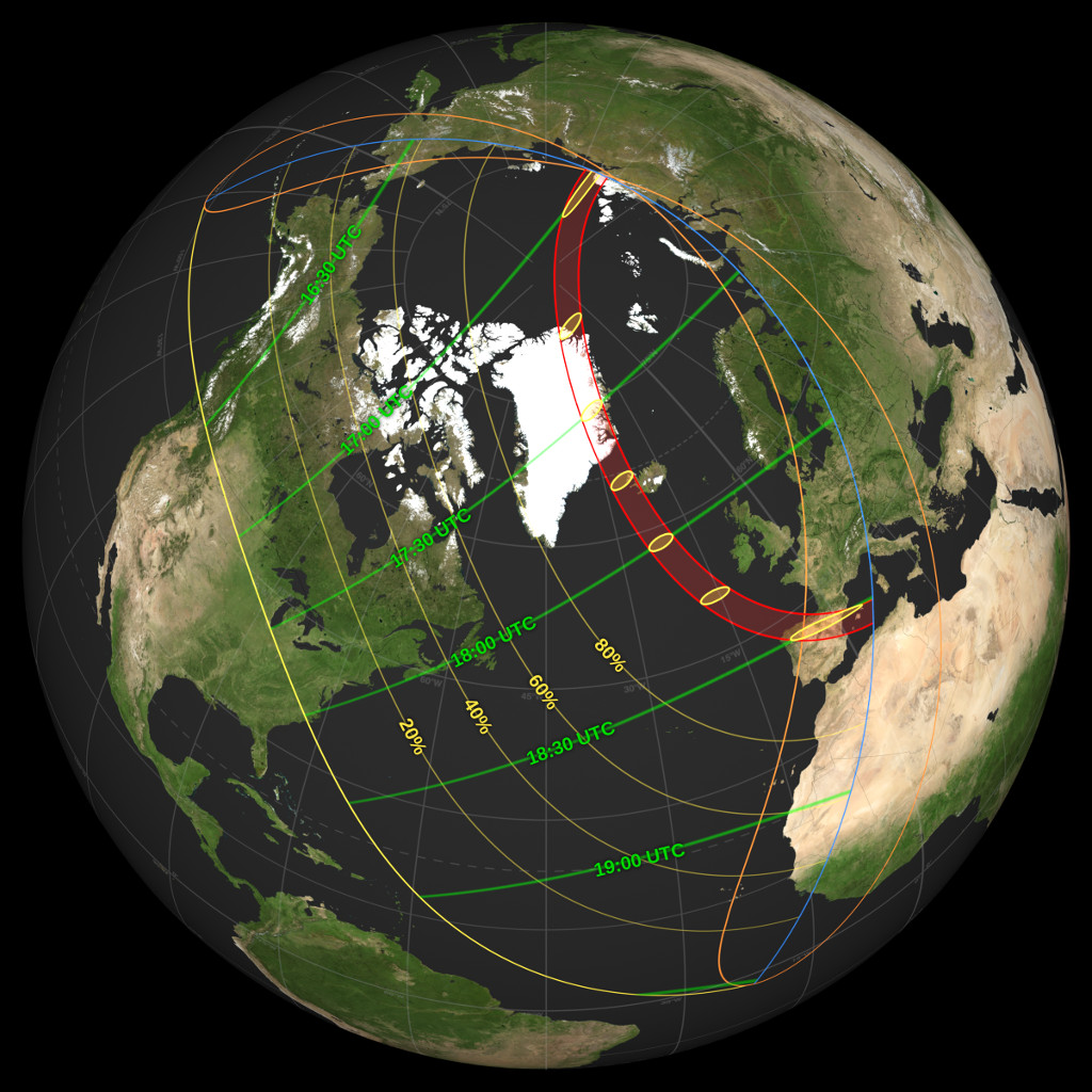 NASA map of the August 12, 2026 total solar eclipse showing the path of totality crossing Greenland, Iceland and Spain