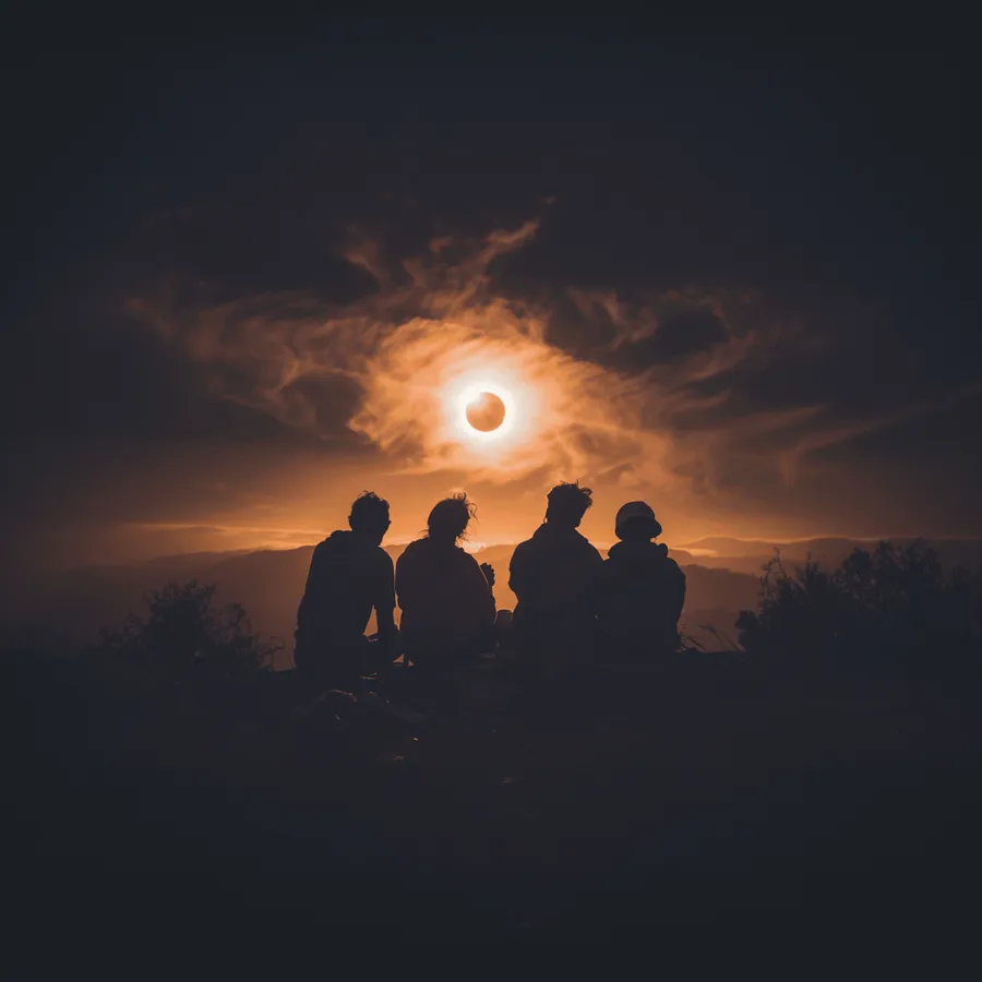 People watching a total solar eclipse low over the horizon at dusk